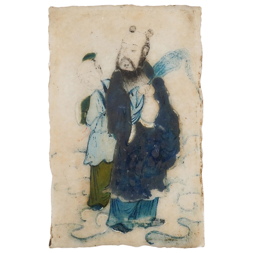 Chinese Painted Marble Plaque: DESCRIPTION: Chinese painted marble plaque depicting an Immortal and his attendant. Han characters at reverse. CIRCA: 19th - 20th century ORIGIN: Chinese DIMENSIONS: H: 5.75" W: 3.75" CONDITION: Moder