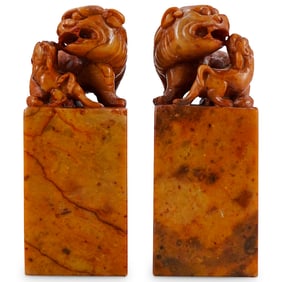 Pair Soapstone Foo Dog Seals