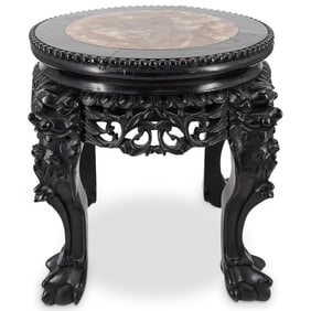 Vintage Chinese Carved Wood Stone Inset Stool