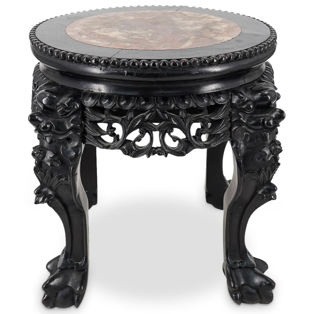 Vintage Chinese Carved Wood Stone Inset Stool (1 of 10)