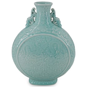 Antique Chinese Qing Celadon Dragon Moon Flask Vase