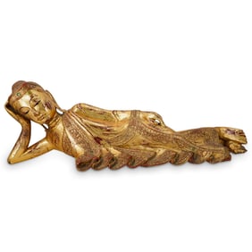 Large Southeast Asian Red And Gilt Lacquered Carved Wood Dying Buddha