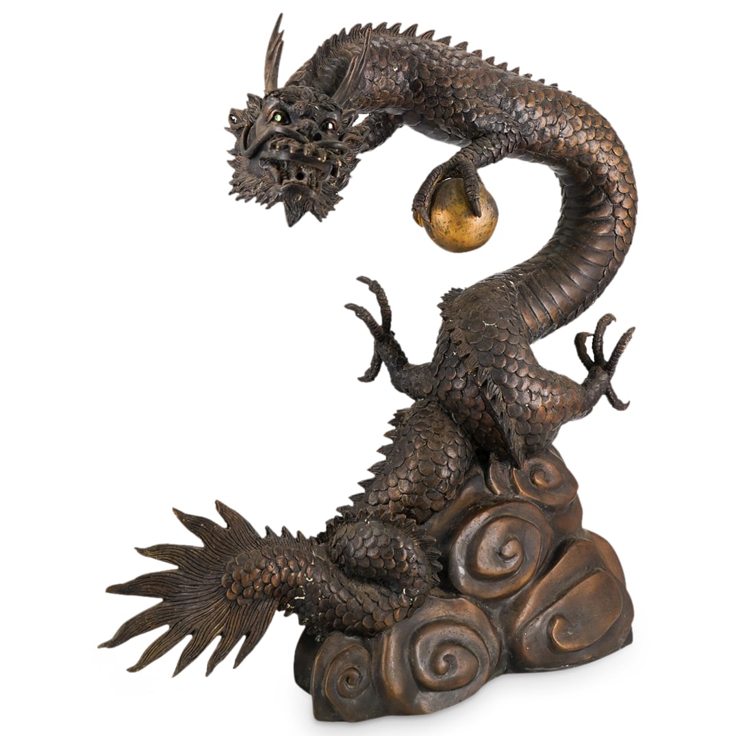 Vintage Bronze Sino Korean Dragon Figural Fountain: DESCRIPTION: Vintage fountain crafted as a "long" dragon in the Chinese or Korean style winding above clouds and clutching a pearl in his front left claw. CIRCA: Mid-20th Century ORIGIN: Continental D