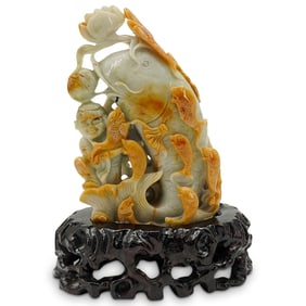 Vintage Chinese Carved Jade Fish With Boy On Carved Wooden Base