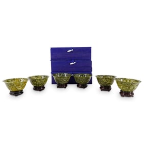 (6 Pc) Chinese Carved Spinach Jade Bowls W/ Stands & Boxes