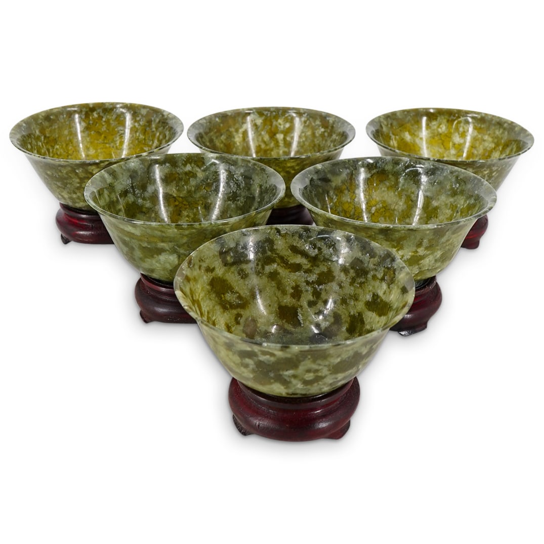 (6 Pc) Chinese Carved Spinach Jade Bowls (1 of 5)