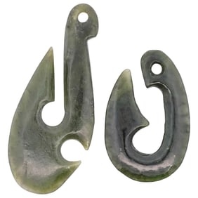 (2 Pc) Maori Carved Jade Fish Hook Pendant