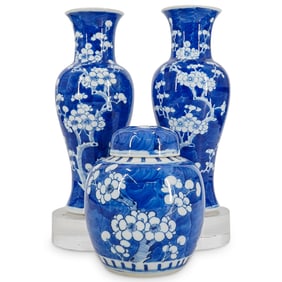 (3 Pc) Antique Chinese Qing Blue And White Prunus Porcelain Vases & Ginger Jar