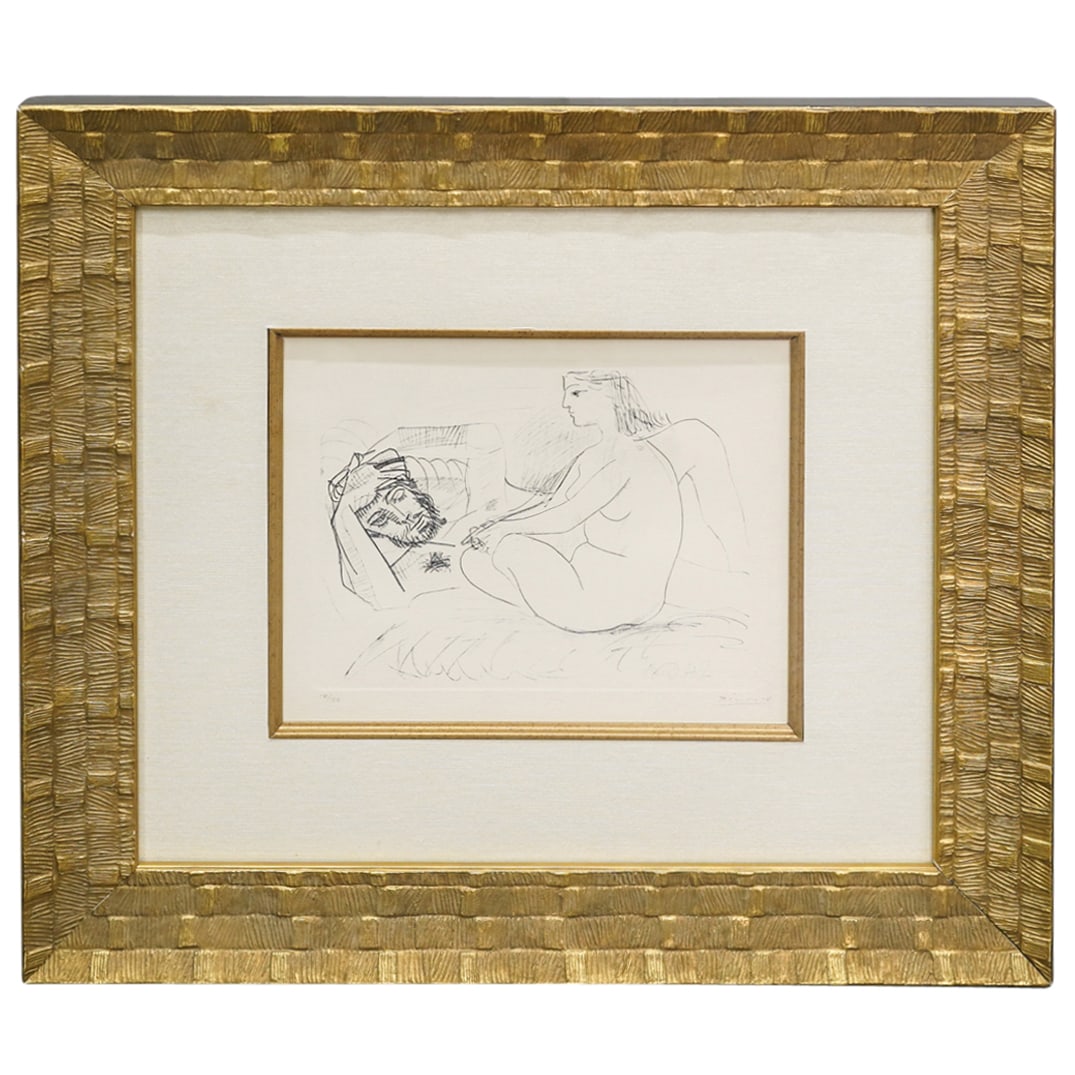 After Pablo Picasso (Spanish, 1881) Couple Limited Edition Lithograph: DESCRIPTION: After Pablo Picasso (Spanish, 1881) Couple Limited Edition Lithograph. Depicts a sleeping male figure and a seated nude female figure standing by him. Numbered 10/50 on lower left, with P