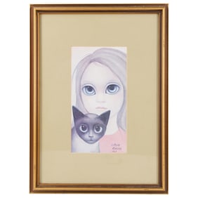 Signed Margaret Keane (American, 1927)-Portrait of a Girl & Cat - 1967