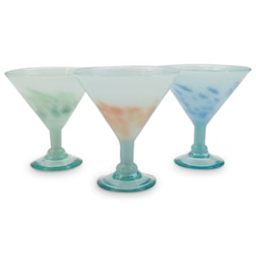 (3 Pc) Hand Blown Art Glass Cocktail Margarita Glasses Set