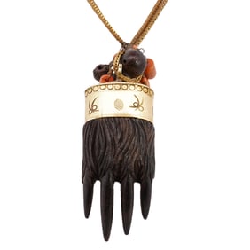 Antique Carved Ebony Wood and Gold Filled Bear Claw Necklace