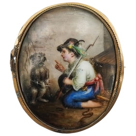 Antique Victorian Painted Porcelain Boy & Dog Brooch