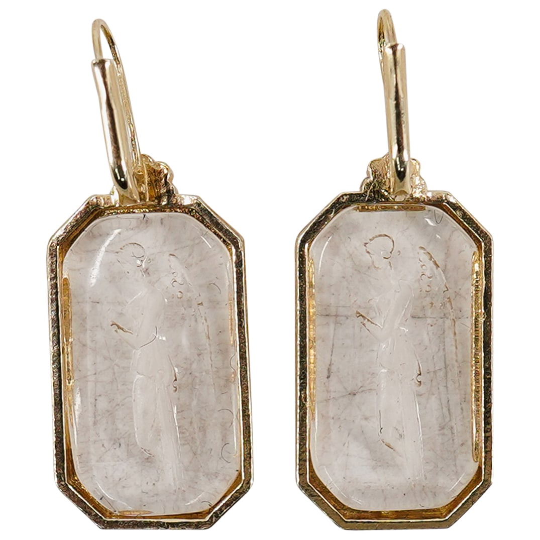Vintage Sterling Silver Venetian Glass Intaglio Earrings: DESCRIPTION: Vintage Italian Sterling Silver Vermeil Venetian Glass Intaglio Earrings. Made in Italy. With an Art Deco octagonal vermeil sterling silver frame, and a translucent glass insert with a cl