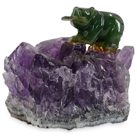 Lapidary Carved Jade Bear On Amethyst Geode Base