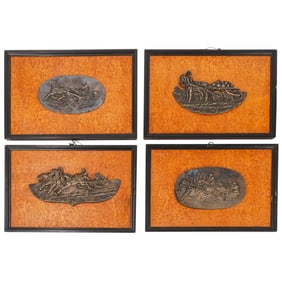 (4 Pc) Antique Eastern European Framed Bronze Chariot Plaques