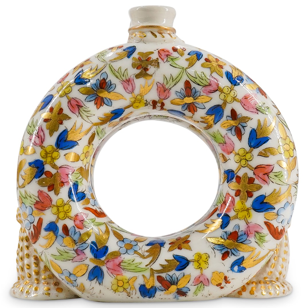 Antique Crown Derby Hand Painted Double Flask Porcelain Bud Vase: DESCRIPTION: Antique Crown Derby bud vase in the form of two flasks flanked by two tassels. Decorated with hand painted floral and foliage motifs and gilding. Marked on underside. CIRCA: Late 19th cen