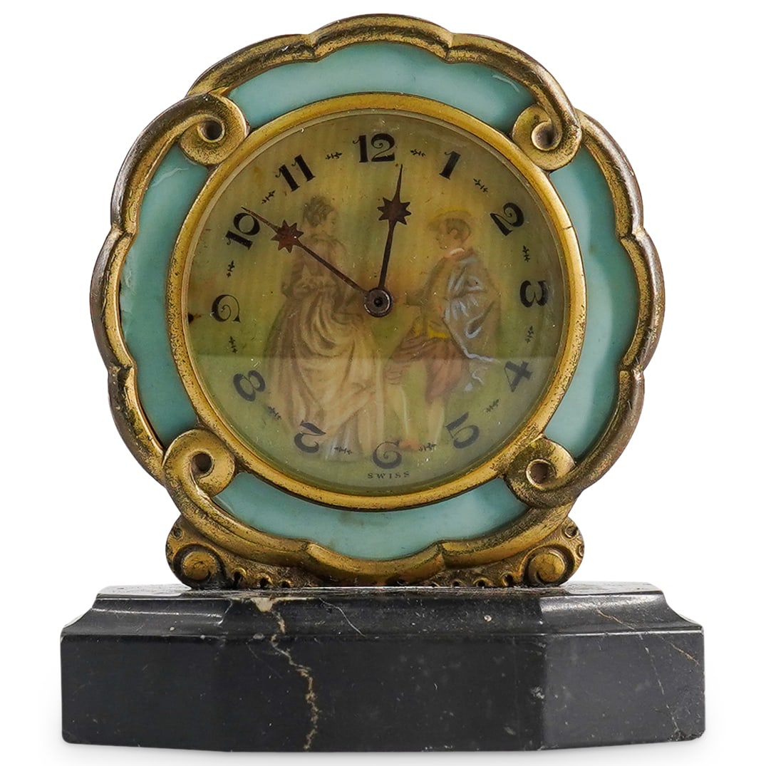 Antique Swiss Enamel Desk Clock On Marble Base (1 of 3)