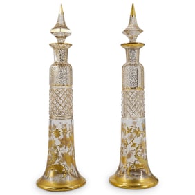 Pair Antique Moser Gilt Cut Glass Bottles