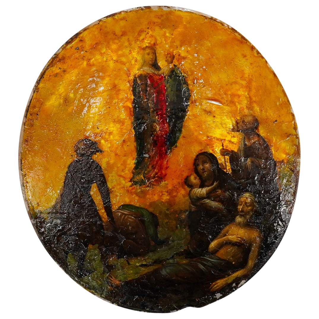 Antique Painted Religious Scene On Abalone: DESCRIPTION: Antique painting on abalone depicting the Virgin Mary and the Christ Child near a group of figures. CIRCA: 19th century ORIGIN: Western DIMENSIONS: H: 3.25" W: 3" CONDITION: Some minor pa
