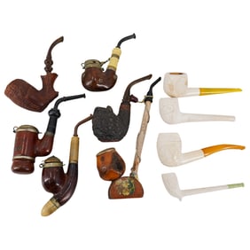 (10 Pc) Antique European Carved Wood, Meerschaum, And Composite Pipes