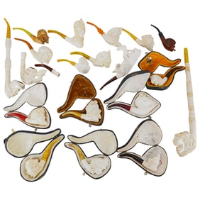 (19 Pc) Carved Wood, Meerschaum, And Composite Figural Pipes