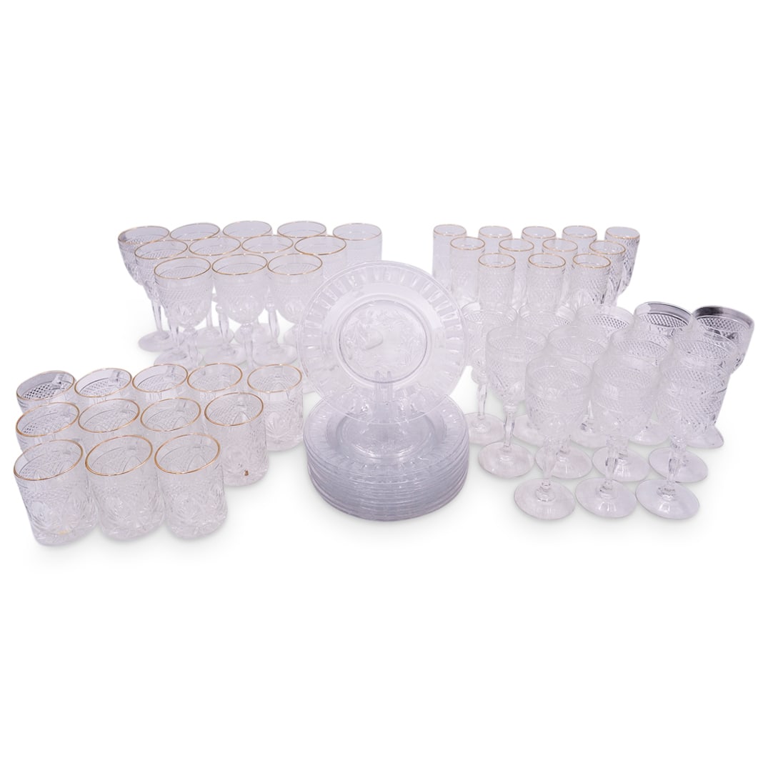 (59 Pc) Glassware Set: DESCRIPTION: 59 matching pressed glass items, each decorated with palm and diamond motifs. All items, excluding white wine glasses, feature a gilt rim. Rims of stemware are apparently not pressed. Mug