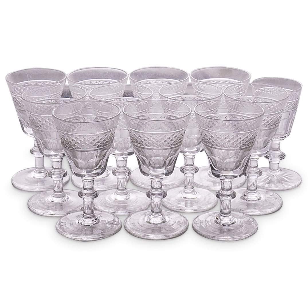 (89 Pc) Mid Century Monongahela Cross Hatched And Faceted Cut Glass Stemware Set: DESCRIPTION: 89 piece set of Monongahela cut glass stemware, each piece of which is crosshatched and faceted on its bowl. Dimensions and piece count are as follows: (18) Water goblets - H: 5.75" D: 3.