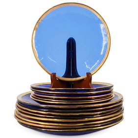 (14 Pc) Vintage IVV Hand Painted Cobalt Blue Glass W/ Gilt Rim Plates Set