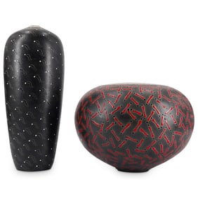 (2 Pc) Rob Mackay Raku Pottery Vases