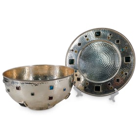 (2 Pc) Vintage Indian Gem Studded Hammered Bowl And Platter