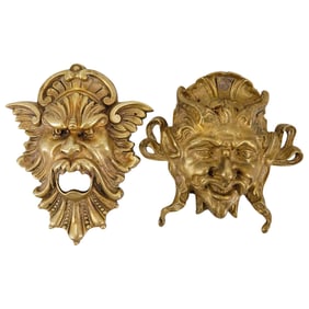 (2 Pc) Grotesque Bronze Wall Masks