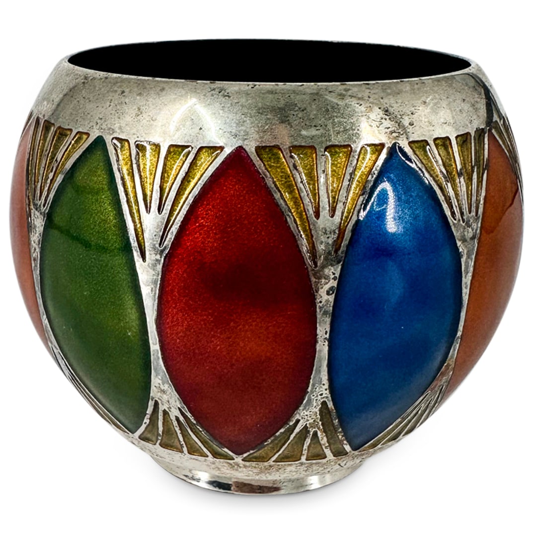 Miguel Pineda Enameled Silver Plated Bowl: DESCRIPTION: Miguel Pineda silver plated copper bowl, the interior decorated with black enamel, the exterior decorated with polychrome enamels. Marked with "Miguel Pineda" at bottom. CIRCA: Mid 20th -