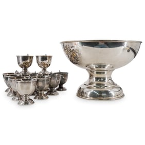 (14 Pc) Silver Plated Punch Bowl with Cups