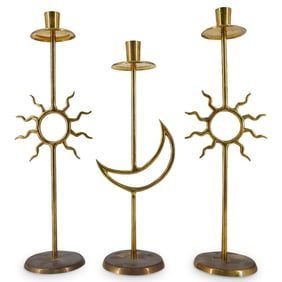 (3Pc) Brass Sun & Moon Candle Holders