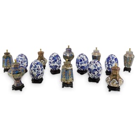 (14 Pc) Cloisonne Eggs & Lidded Vases W/ Stands & Boxes