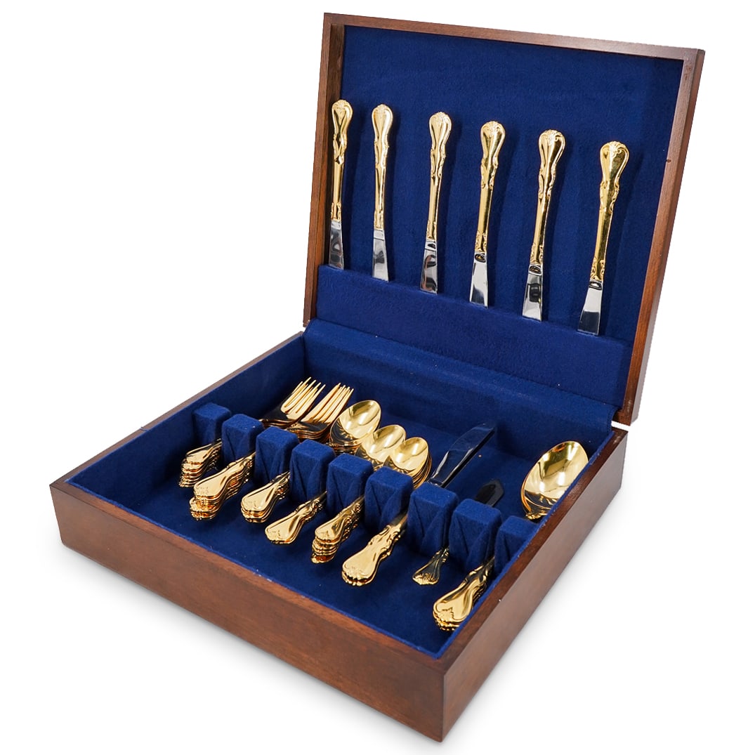 (44 Pc) Cambridge Gilt Stainless Steel Flatware Set In Box (1 of 6)
