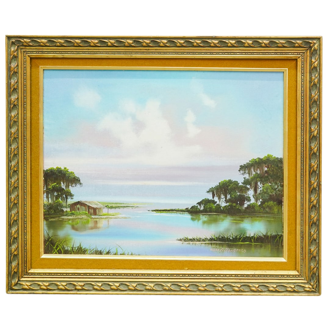 Charles R. Handford (American, 1909-1995) Bayou Scene OIl On Canvas On Board: DESCRIPTION: Oil on canvas on board painting by Charles R. Handford depicting a house on the edge of a bayou with a view of an open sky. Signed at lower right. Mounted in a gilt wooden frame. CIRCA: 2
