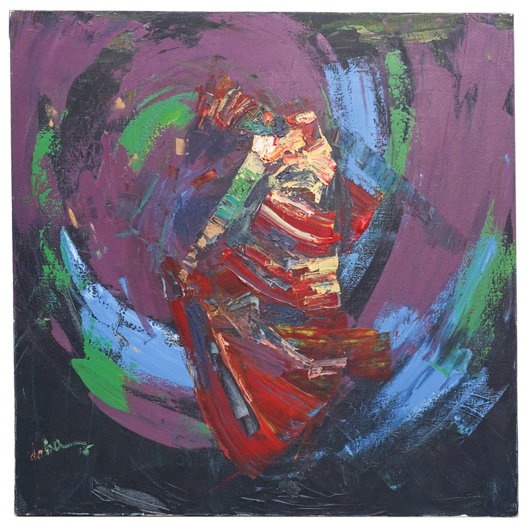 Signed Doba Abstract Expressionist Oil On Canvas: DESCRIPTION: Oil on canvas painting depicting abstract strokes and forms vaguely in the shape of a woman in a skirt and headdress. Signed at lower left and dated "'16". CIRCA: 2016 ORIGIN: Caribbean D