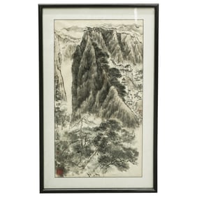 Japanese Monochrome Mountain Village Ink On Wove Paper