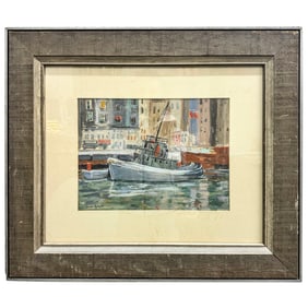 Attr. To Anne Redpath (Scottish, 1895–1965) Tugboat At Harbor Pastels On Paper