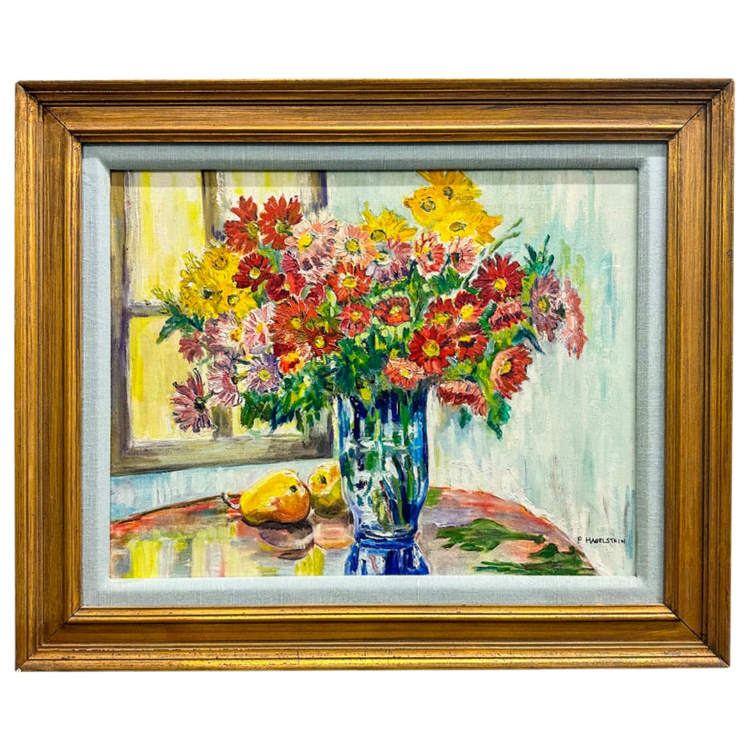 Signed P. Hagelstein Still Life Oil On Canvas: DESCRIPTION: Oil on board painting depicting a still life of pears next to a vase of flowers on a table by a window. Signed at lower right "P. Hagelstein". Mounted in a wooden frame. CIRCA: 20th Centu