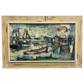 Riverside City Scene Oil On Canvas