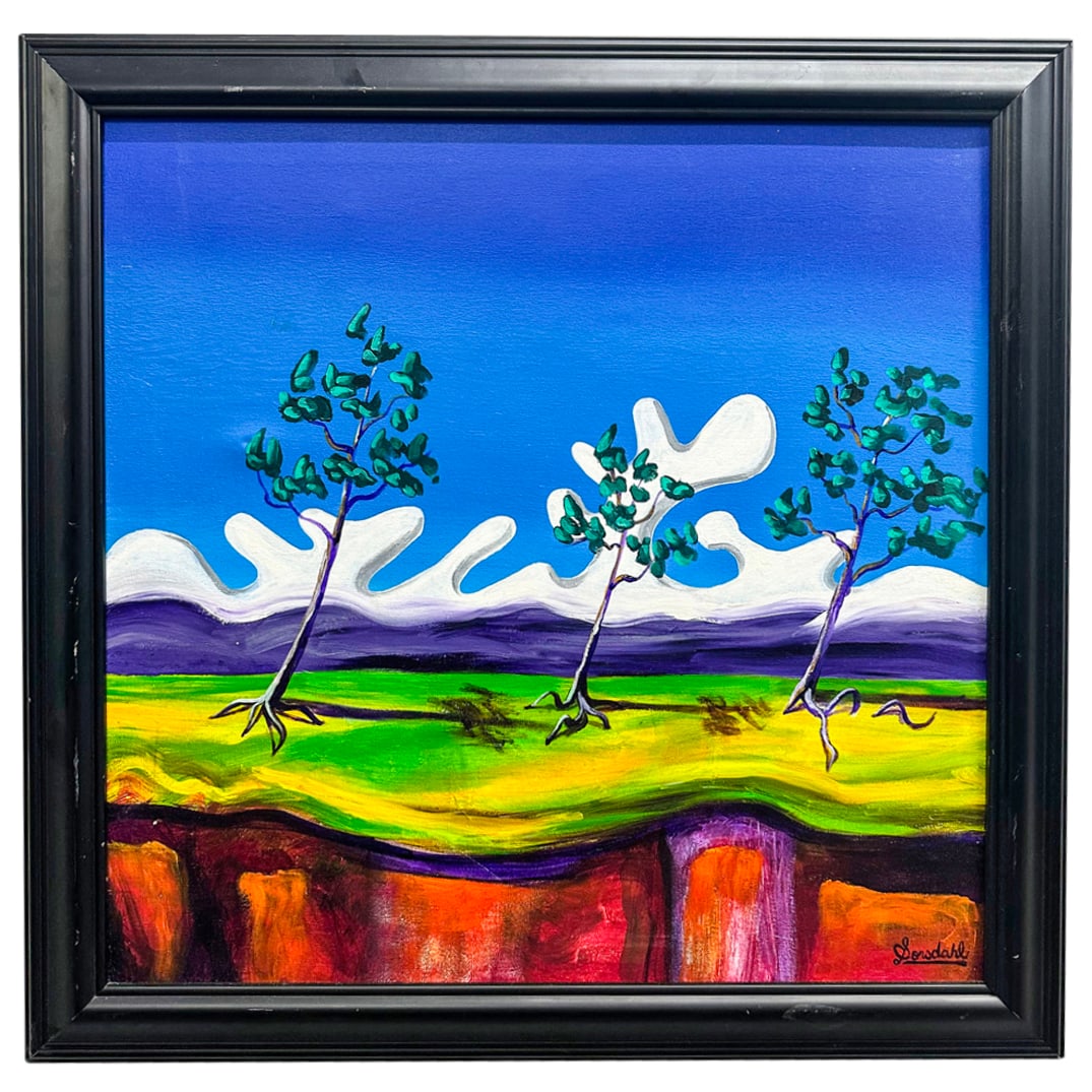 Sorsdahl (20th C.) Surrealist Oil On Canvas: DESCRIPTION: Oil on canvas painting by Sorsdahl depicting a surrealist landscape populated by three curved trees. Signed at lower right. Mounted in a black wooden frame. CIRCA: 20th Century ORIGIN: Co