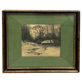 Signed Etching Of A Cabin In Snowy Woods