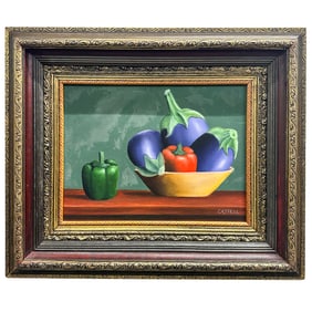 Signed Castell Pepper & Eggplant Still Life Oil On Canvas