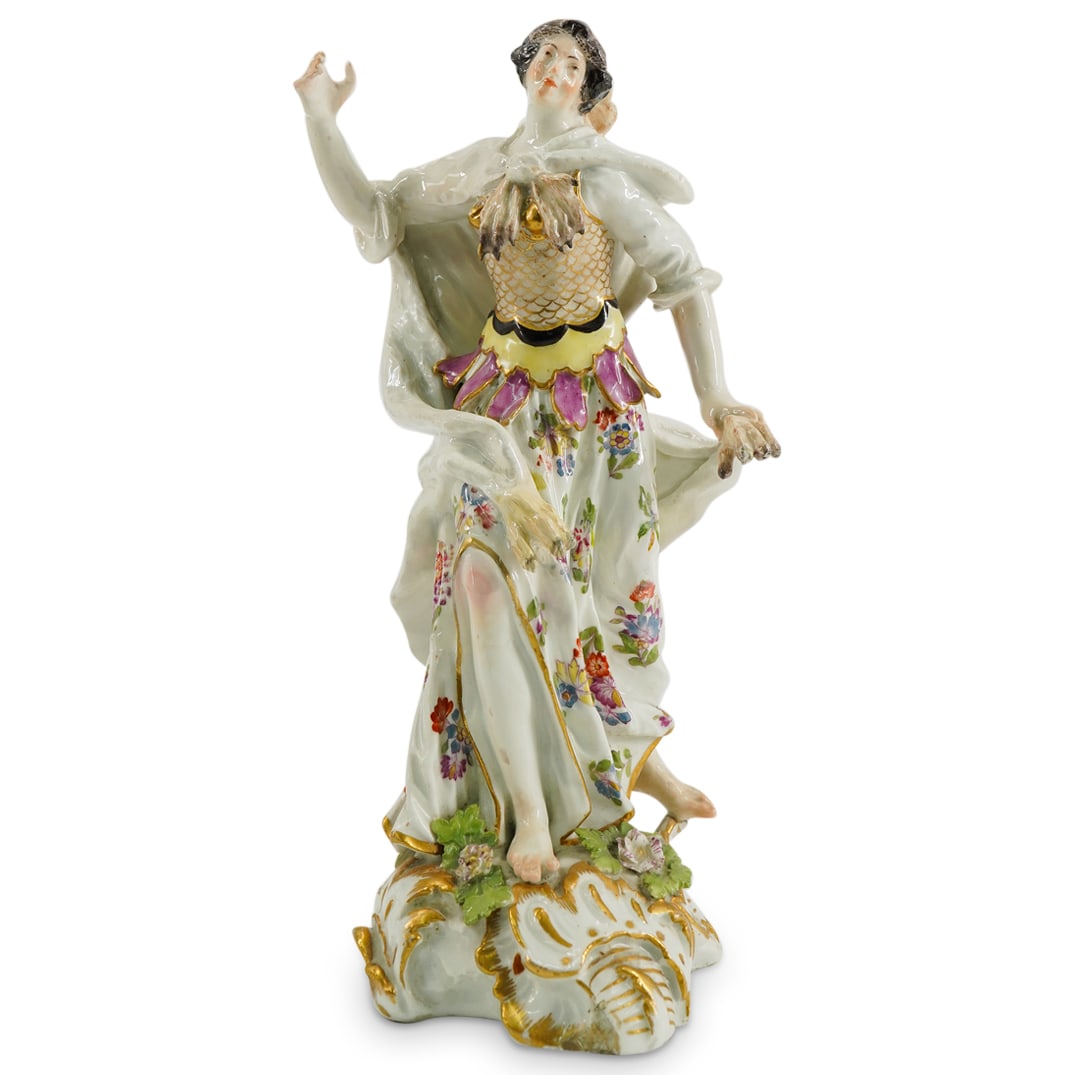 Rare 18th Cent. Meissen Porcelain Allegory Figure: DESCRIPTION: an 18th cent. Meissen porcelain figure depicting a woman atop a scroll base, the woman has armor atop a flowing dress completed with a cape accented by hoof terminals at each end of the c