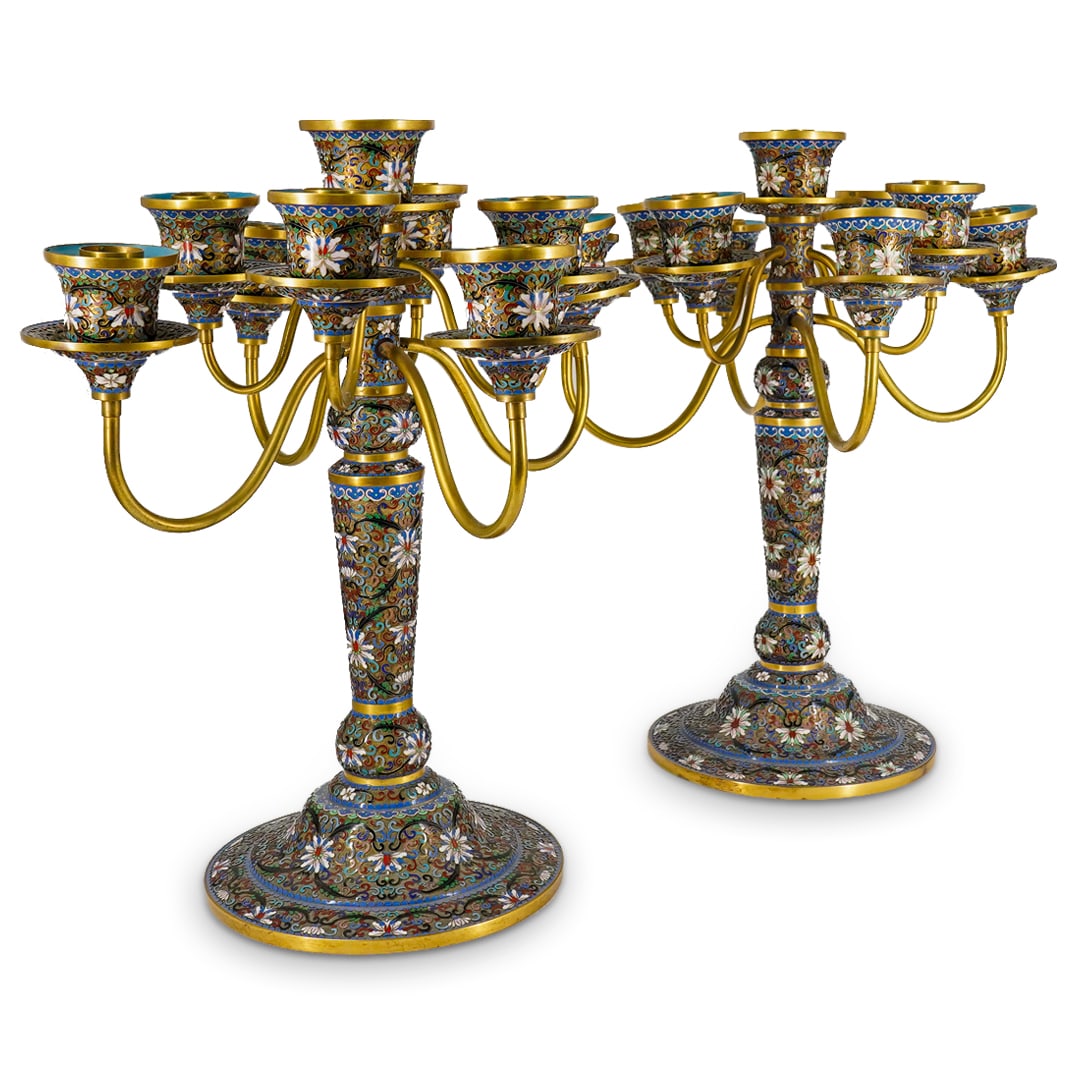 Pair Of Large Antique Chinese Qing Dynasty Cloisonne Candelabra (1 of 9)