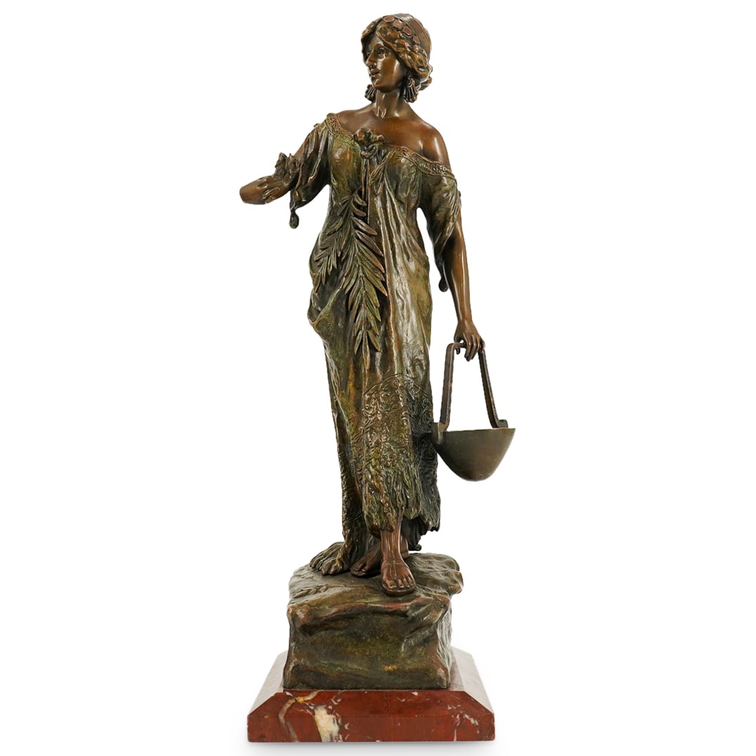 Andor Ruff (Austrian. Born 1885) Flower Picker Bronze: DESCRIPTION: A bronze sculpture depicting a robed woman holding a basket in one hand and a flower in the other. Fitted atop a rouge marble base, signed "Ruff". CIRCA: Early 20th Cent. ORIGIN: Austria