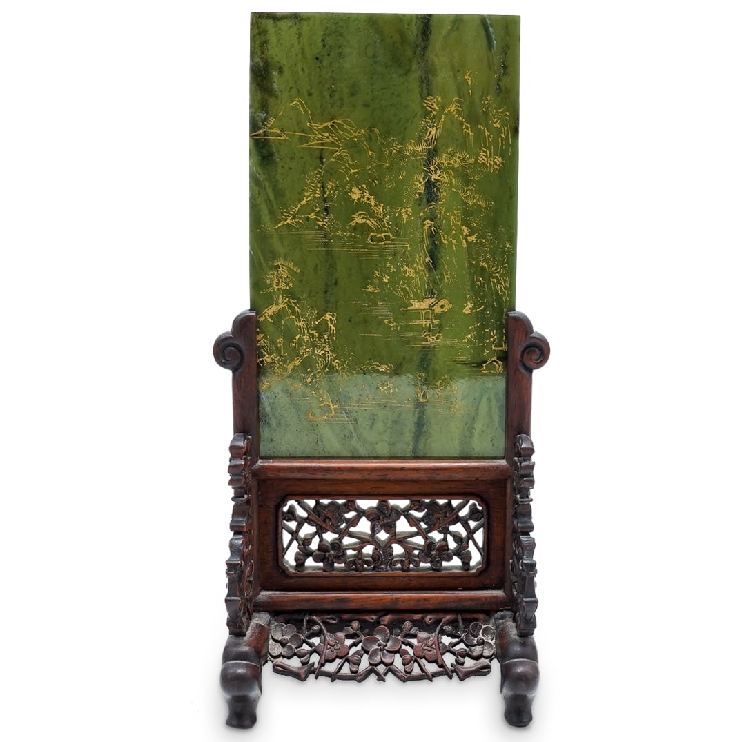 Antique Chinese Spinach Jade Gilt Landscape Scene Table Screen (1 of 7)